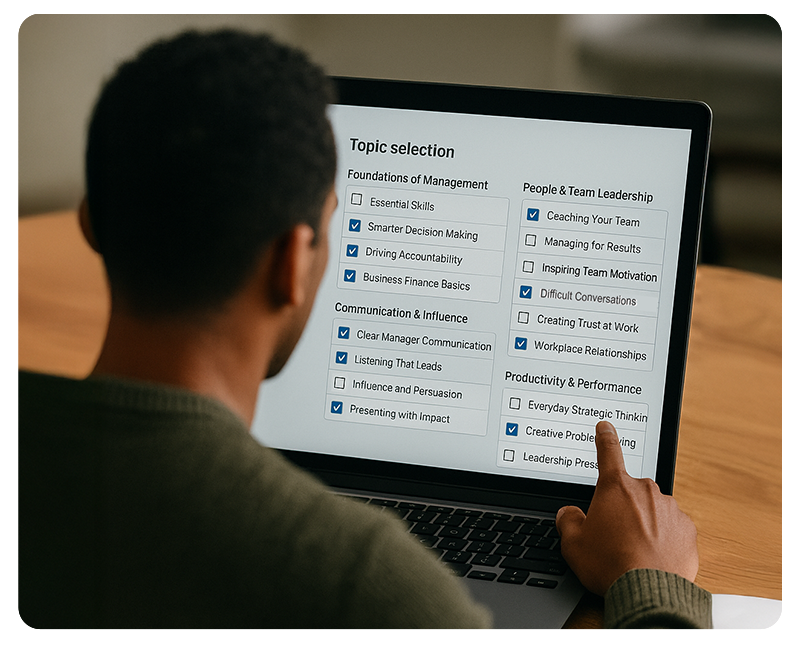 Selecting monthly skill topics for employees in the Management Survival Skills Series